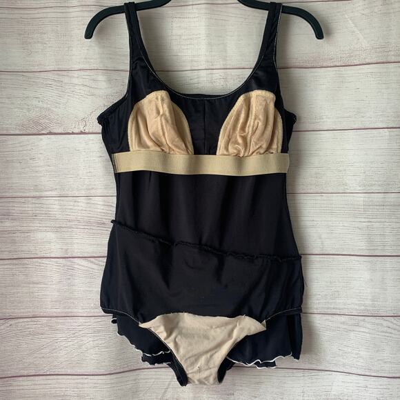 Vintage Black One Piece Skirted Swimsuit or Swimdress White Trim Built-in Cups - Picture 7 of 16